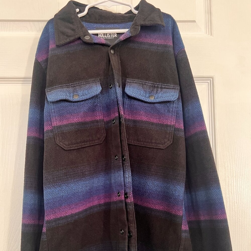 Hollister Fleece Shacket Jacket Blue Purple Stripe Snap Button XS